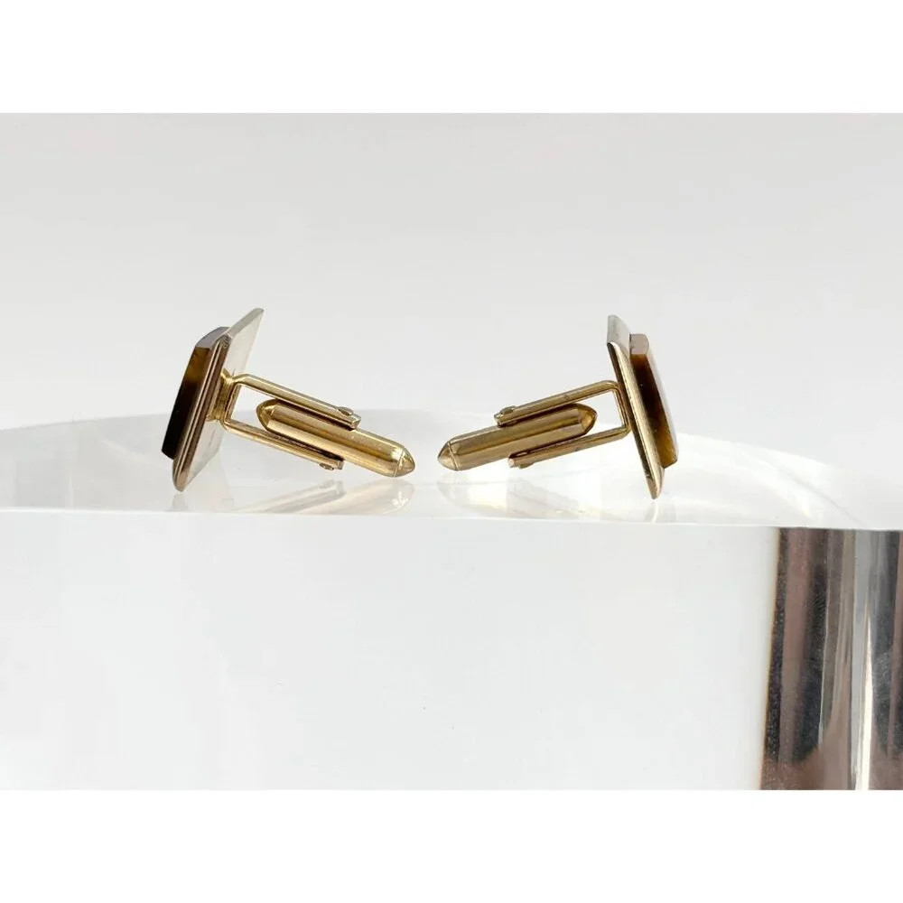 Faux Tiger's Eye Gold Toned Rectangular Vintage 80's Style Cuff Links